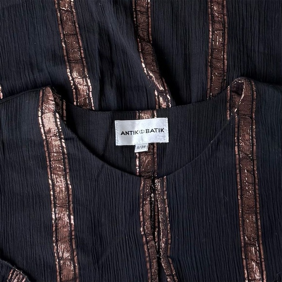 Antik Batik Striped Peasant Gauze Top Size S Black Long Sleeve Metallic Blouse - Picture 3 of 4